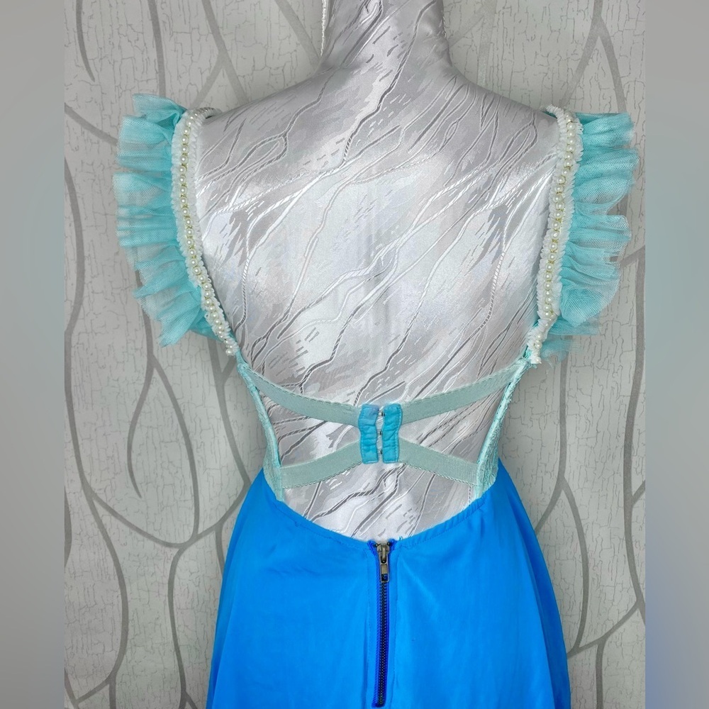 🎀🍒 Blue Green Lace Colourblock Contrast A Line Dress 🍒🎀 Pearl Ruffle Trim Straps - Picture 9 of 13